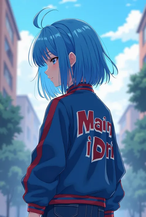 A blue haired anime girl turned back wearing a Main Iori jacket