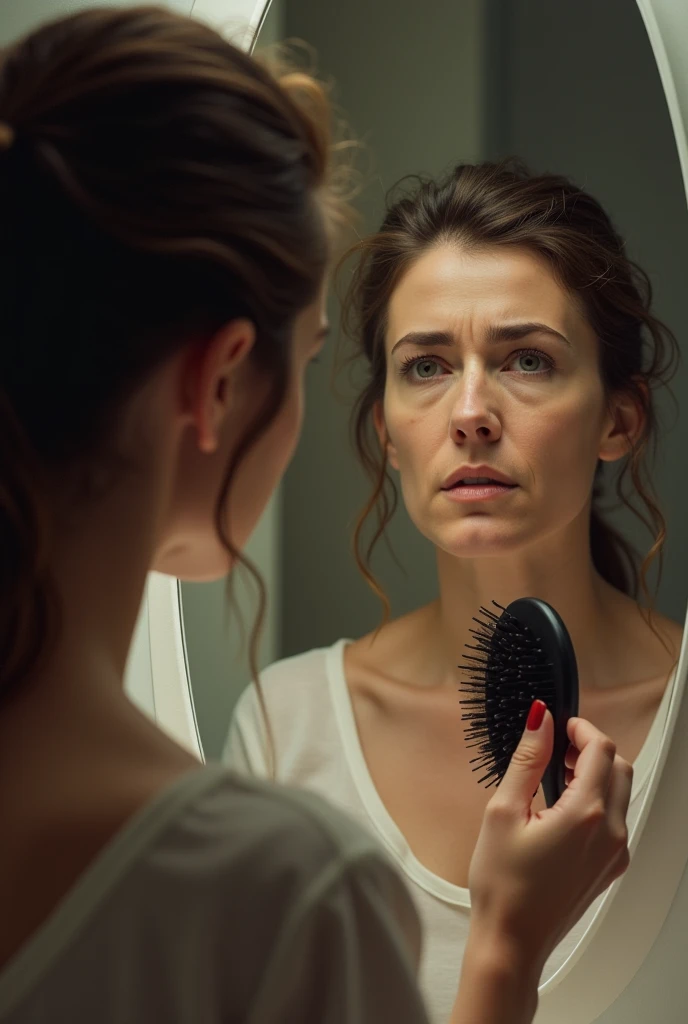 ((Distance)) [Image of a woman looking at herself in the mirror, frustrated with her hair loss.] desperate, looking at the strands of hair in the brush, almost bald, 8K image, super realistic, intricate details, realistic skin texture, 4 woman, realistic h...