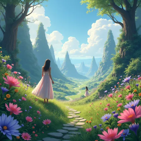 beautiful fantasy world with flowers, dreaming, hyperrealisti, trends on ArtStation