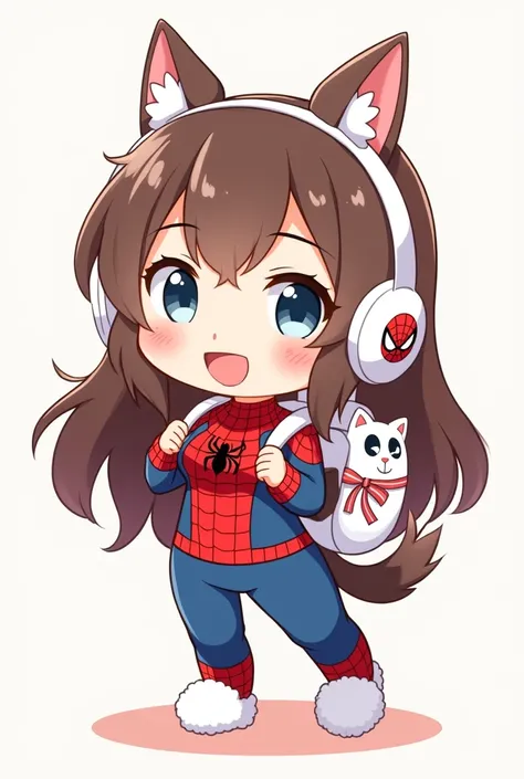  in spiderman clothes spider Long brown hair with a white plush headset smiling ,cartoon style on her feet wearing white kitten slippers and a spiderman backpack you didn&#39;t understand a cute one with white fluffy plush headphones and a cute round backp...