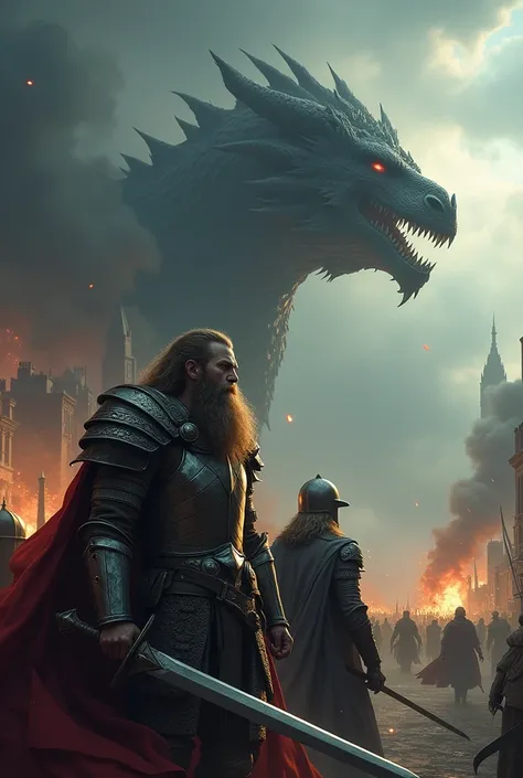 Image: Beowulf with his full team, watching a dragon on the horizon as it approaches the city. The atmosphere is tense and epic.
Descripción de la Image: Beowulf is in the field, with shining armor and sword in hand, looking at the dragon on the horizon. T...