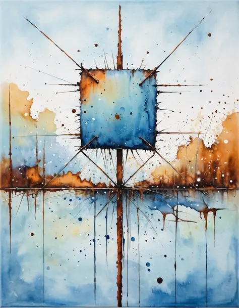 Watercolor painting of a surrealist picture, square shape, dashes and lines, Canvas picture, Cold colors, rusted 