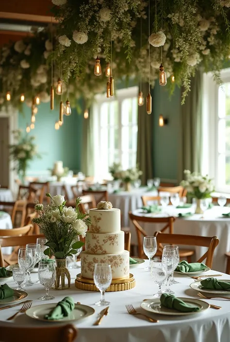 Salle de réception de mariage champêtre le thème vert deau et or, des fleurs, beaucoup de lumière, de petits cadeaux et des menus devant chaque assiette. Nappe blanche et serviettes vert deau et les déco or Les tables sont rondes et un gâteau pièce montée ...