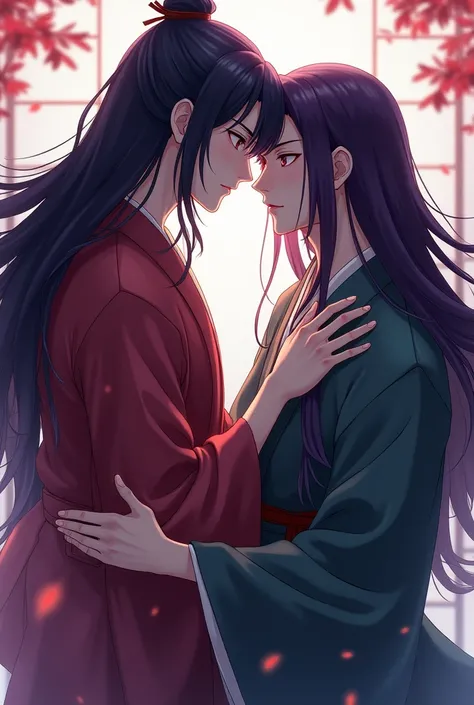  3 Asian man with tradicional japanese clothes. With dark purple hair long, clean and serious kissing another man that is a sexy teacher