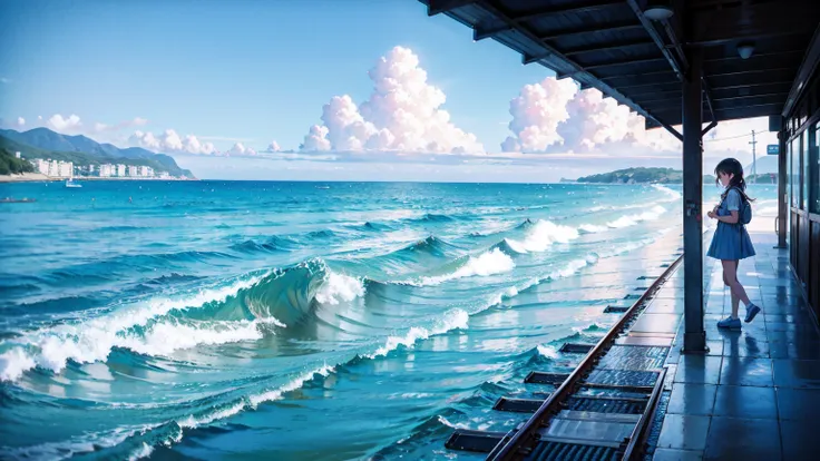 Station on the sea, station on the water, nostalgic, tracks on the waves, cute girl