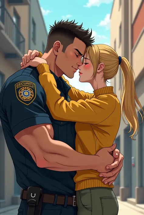 Muscular security guard kissing a skinny blonde boy in a yellow anime sweater in his hands he carries the blonde boy in love kissing 
