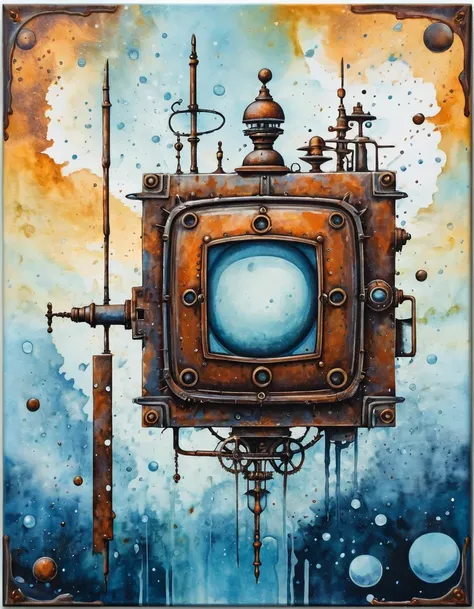 Watercolor painting of a surrealist picture, square shape, dashes and lines, Canvas picture, Cold colors, rusted, Steampunk 