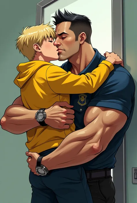 Muscular security guard kissing a skinny blonde boy in a yellow anime sweater in his hands he carries the blonde boy in love kissing boys
