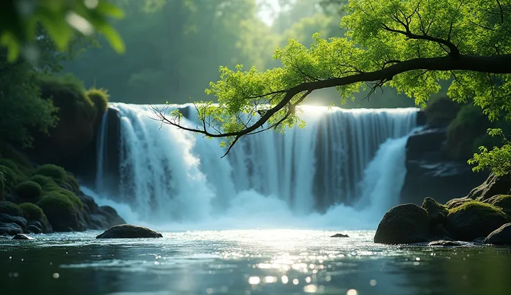 a branch behind a waterfall, serene river setting, hyperrealistic, highly detailed, vibrant colors, cinematic lighting, natural environment, wildlife photography style, flowing water, 8k resolution