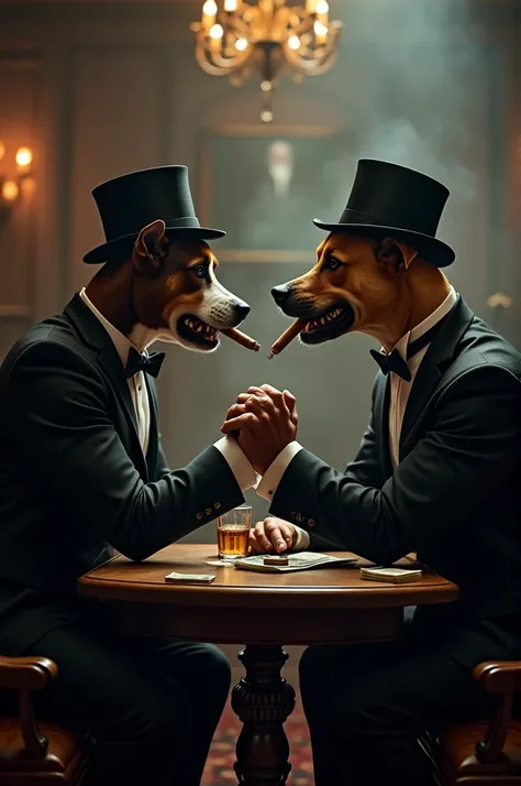 Generate a pic of a man arm wrestling with a dog with both wearing tuxedos, mafia hat and cigars in mouth and the background is also pretty mafia like