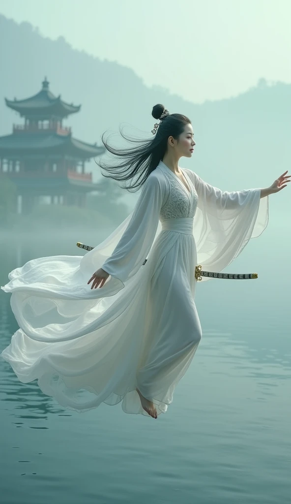 super high quality, masterpiece, Perfect illustration realistic mix, Real 100%, Extremely detailed (Exquisite light and shadow, A very dramatic picture,) , 1 girl, alone, ( 白のHanfu,) ,((Woman flying in the sky))(fog cinematic masterpiece), ((backgroundに古代中...