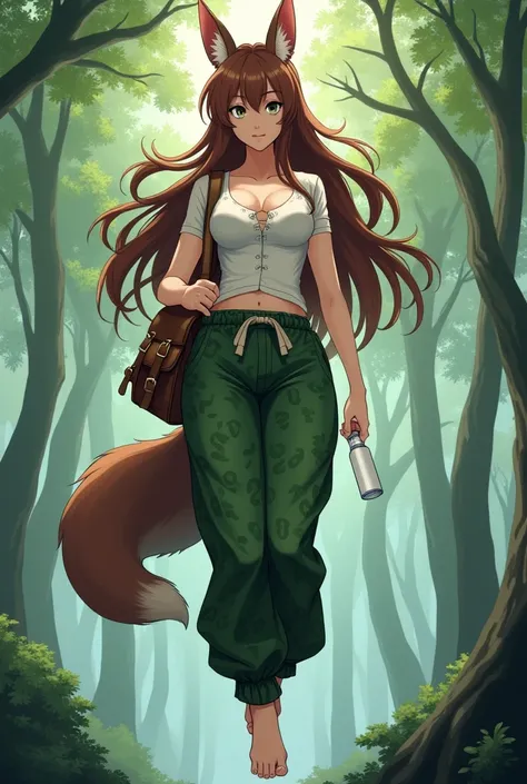 Screenshot Inuyasha brown hair white eyes white shirt big breasts green baggy pants with darker green spots in a jaguar pattern ears the same color as her hair and a furry fox tail of the same color with a background of trees flying without wings and with ...