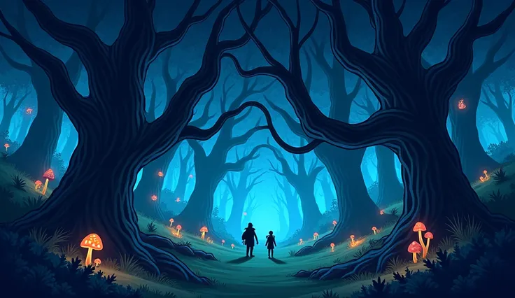 Trees and branches creating a closed and mysterious environment. night forest. Adventure time style.