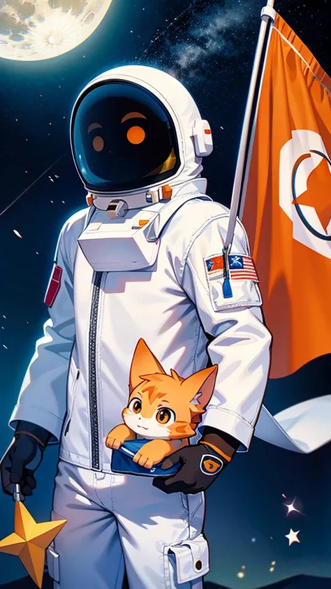 Young orange cat in astronaut costume on the moon holding flag with fish design on the screen background showing part of the moon and starry sky Digital art, anime styling, ultra HD, 