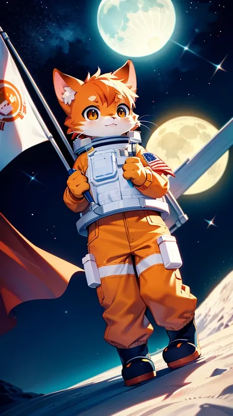 Young orange cat in astronaut costume on the moon holding flag with fish design on the screen background showing part of the moon and starry sky Digital art, anime styling, ultra HD, 