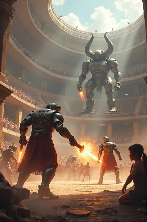 Depict a futuristic Colosseum where gladiators battle against robots for entertainment. The robots have ancient Roman designs, with metal bodies shaped like soldiers or mythological creatures.
Spectators are watching from hovering platforms above the arena...