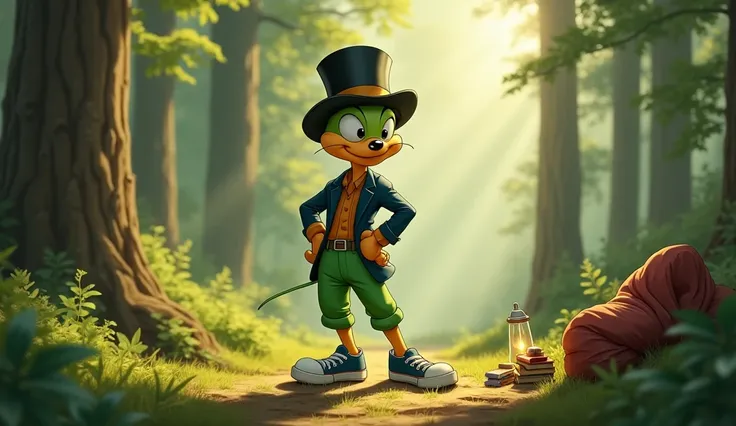 character Jiminy Cricket with a top hat on his head, a blazer, sneakers, green pants, setting up camp in the forest