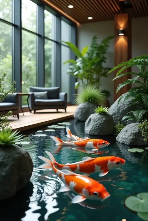 Realistic koi pond at office
