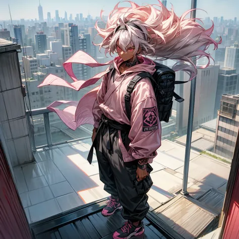 1male, young adult, dark skin, finely detailed pink eyes, wild medium hair, grey hair color, baggy hoodie, head band, baggy combat pants, standing on building, day time, tokyo city, calm expression, muscular, tattoos, standing on rooftop, hiker backpack, n...