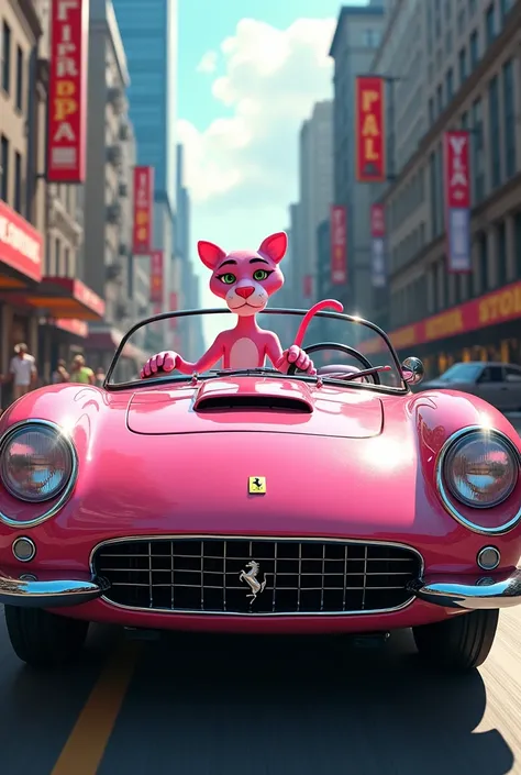 the pink panther driving pink and black ferrari convertible in city