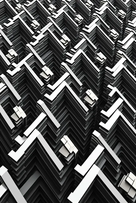 Black and white pattern similarity module of many thick and slightly deformed V letters that look alike but are not the same, that fit together