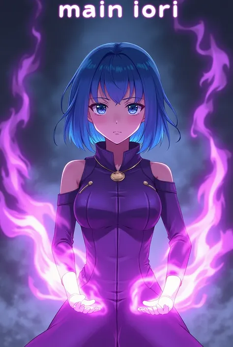 A blue haired anime girl with purple flames power, with the name "Main Iori" written in the top of the screen