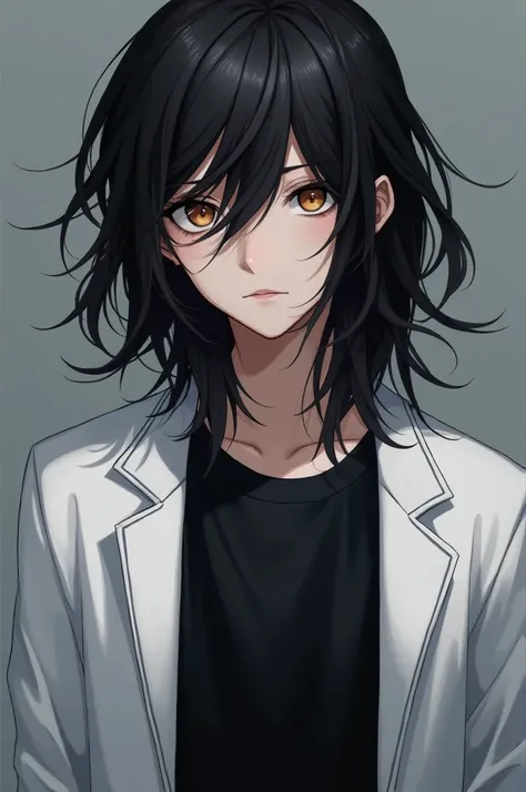 Boy with long black hair, black t-shirt and white jacket