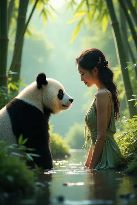 The panda sees a very beautiful woman