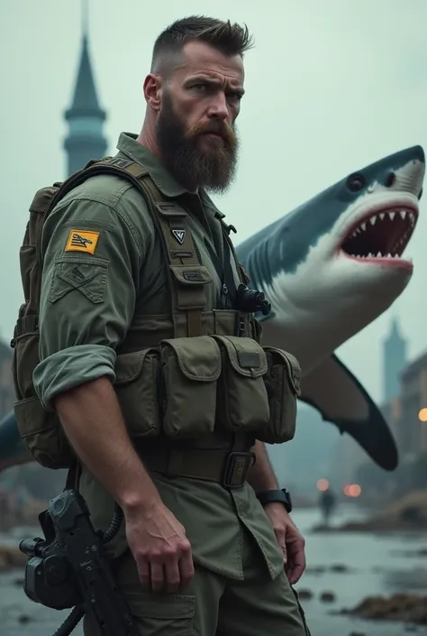 (Detailed description) (Best Quality) american man, American soldier, big beard, animal white shark, short hair, shark animal involved, go to war