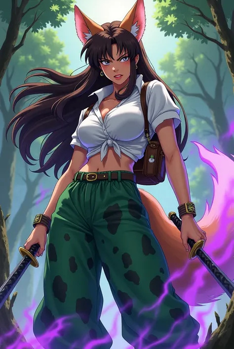 Screenshot Inuyasha brown hair white eyes white shirt big breasts green baggy pants with darker green spots in a jaguar pattern ears the same color as her hair and a furry fox tail of the same color with a background of trees flying without wings and with ...