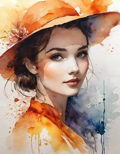 Watercolor painting of a surrealist picture, square shape, dashes and lines, Canvas picture, colours: orange, yellow, rot, brown 