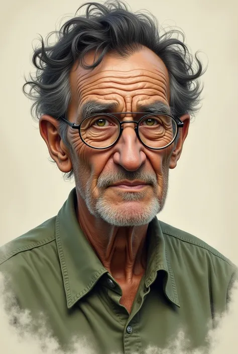 old man with glasses, green shirt and black hair in drawing
