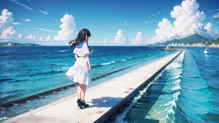 Station on the sea, station on the water, nostalgic, tracks on the waves, cute girls, sea and sky, illustration