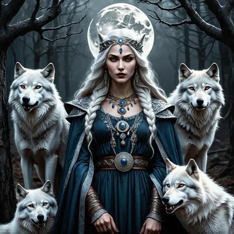 an image of a woman with wolves in front of a tree and a dark background, hecate goddess, hecate, white witch, norse goddess, wolves, portrait of a norse moon goddess, wolfgirl, goddess of the hunt and the moon, dark fantasy style art, druid goddess, femal...