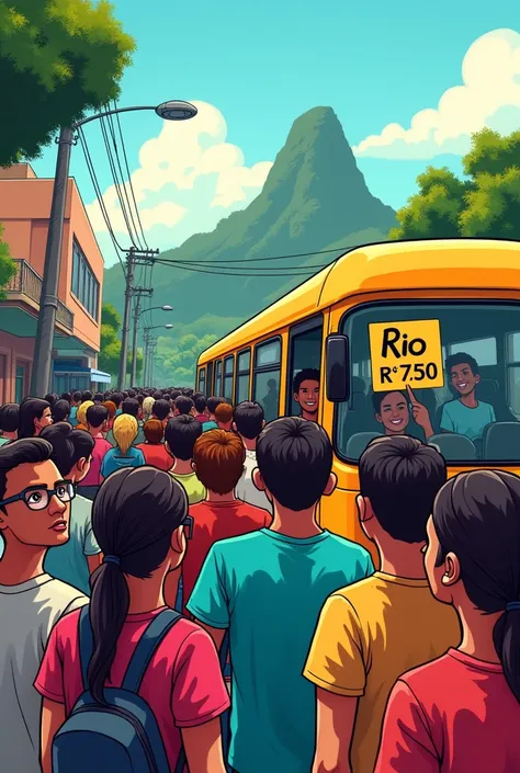 Cartoon of cariocas in a bus queue in the Gávea neighborhood, no Rio de Janeiro, waiting 1 hour for a crowded minibus, with people squeezed into the window that says: Rio R Subway$7,50. 