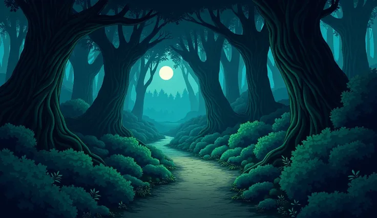 A dense forest with tall trees and large bushes. Adventure time style. Just the forest. no characters. below the image a path from left to right inside the forest. Behind the path the dense forest. Dark and nocturnal forest. a lot. Upcoming perspective. Tr...