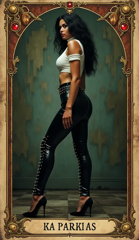 plain tarot card aesthetics, diva is victim in sacrifice ritual, lacing rivets spikes shiny high-waisted leather pants, sexy falling down, tight blouse, turns around, side view, ultra-high heels, vintage frame