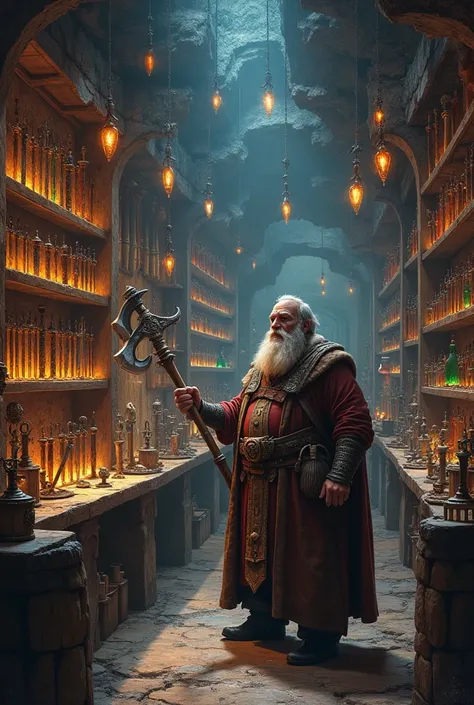 a magical weapons shop run by a dwarf 