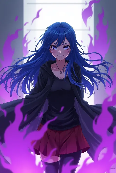 A blue haired anime girl with purple flames power, with evil smile wearing a black jacket and red skirt, with the name "Main Iori" written in the top of the screen