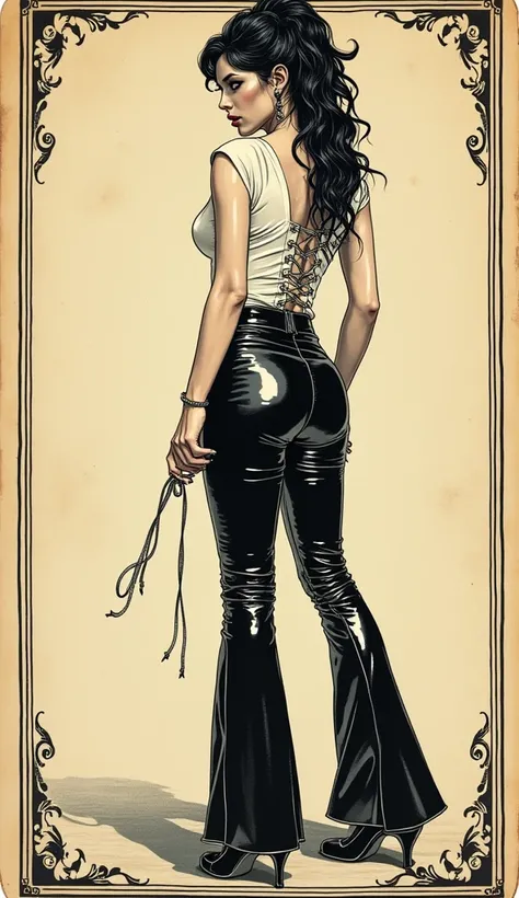 plain tarot line-art card aesthetics, diva is victim in sacrifice ritual, lacing rivets spikes flared high-waisted leather pants, sexy falling down, tight blouse,  side view, ultra-high heels, vintage frame