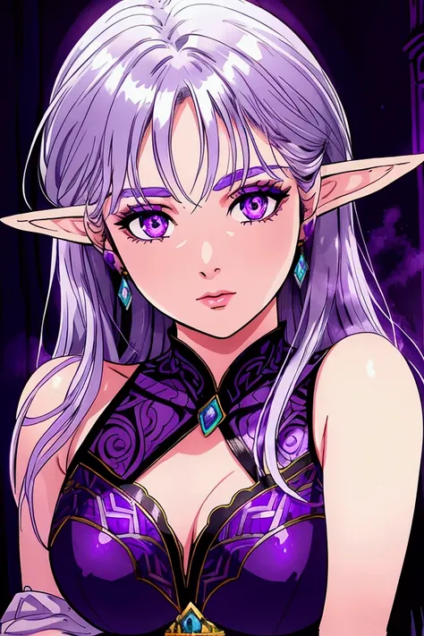 elf woman with purple eyes and silver hair, in a purple dress, highly detailed, intricate, beautiful face, elegant posture, photorealistic, dynamic lighting, fantasy art, vibrant colors, cinematic composition, dramatic shadows, ethereal atmosphere, detaile...