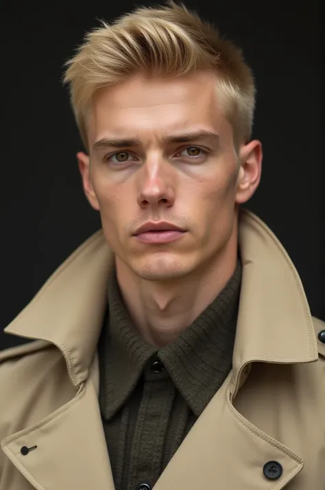 Blond man with short hair and red eyes in a beige trench coat