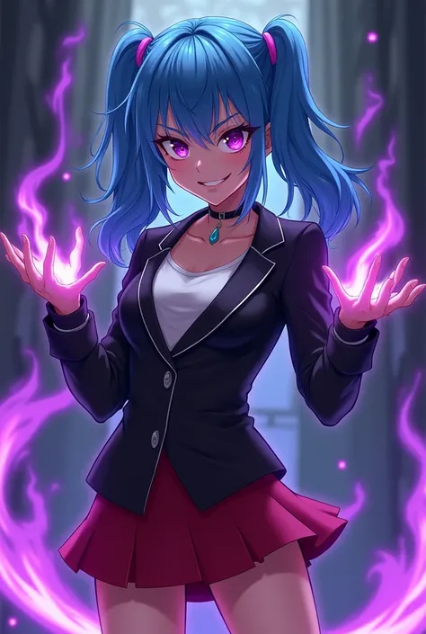 A blue haired anime girl with purple flames power, with evil smile wearing a black jacket and red skirt