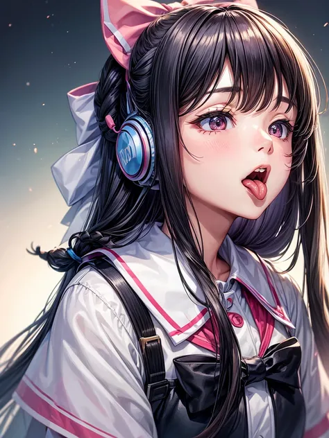 1 girl, long hair, Hair bow, tongue, แลบtongue, earphones, Look up, precise, best quality, 