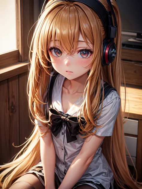 1girl, long hair, hair bow, headphones, looking up, extremely detailed, best quality, 8k, highres, masterpiece:1.2, ultra-detailed, realistic, photorealistic:1.37, studio lighting, ultra-fine painting, sharp focus, physically-based rendering, extreme detai...