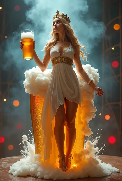 Goddess Themis coming out of a beer head holding a glass of beer. Smoke and lights in the background. Crooked crown and without a shoe. The dress is short and sexy