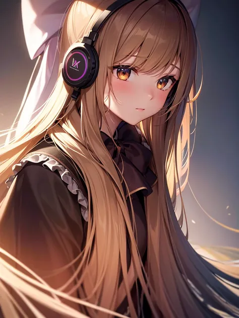 1girl, long hair, hair bow, headphones, looking up, extremely detailed, best quality, 8k, highres, masterpiece:1.2, ultra-detailed, realistic, photorealistic:1.37, studio lighting, ultra-fine painting, sharp focus, physically-based rendering, extreme detai...