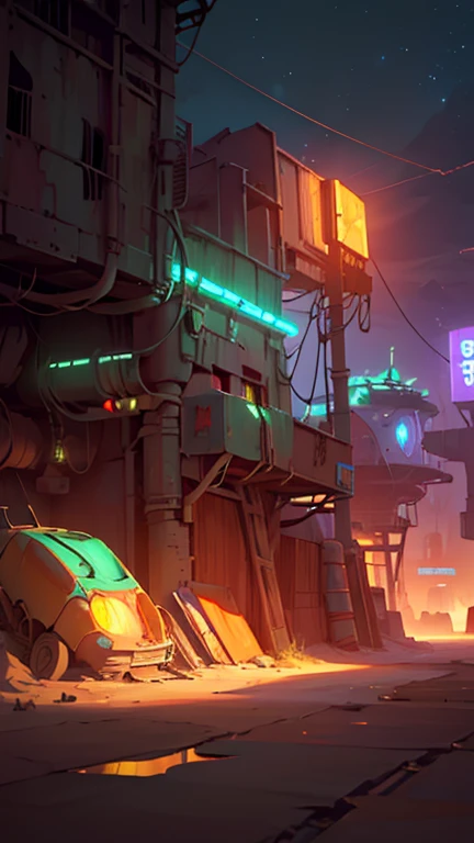 Deserted Neon Outpost Create a serene 2D animation of an abandoned outpost in a barren desert at night. Rusted towers equipped with forgotten satellite dishes stand silently under a star-filled sky. Faded neon lights from old consoles and terminals faintly...