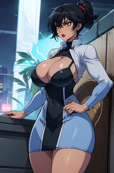 closed mouth, (20 years old), ((1girl)), ((((solo))), (((alone))), (((genderbend))), (((female))), wide hips, thick thighs, huge breast, narrow waist, ((blue top)), ((short sexy skin tight blue tube dress)), big cleavage, cocktail, party, ((anime artstyle)...