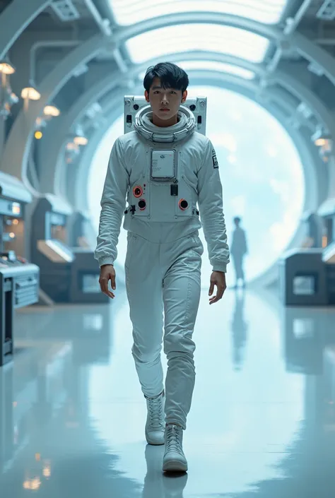 (photorealism:1.2), asian beautiful young man, idol, using an astrounaut suit, walking on a spacial lab